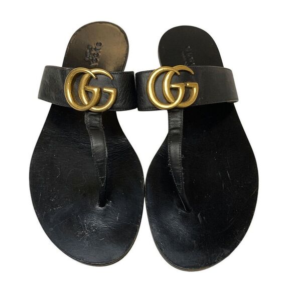 Gucci Marmont GG Thong Sandals EU 36 US 6 Black Flat Flip Flop Slide Interlock - Picture 2 of 12
